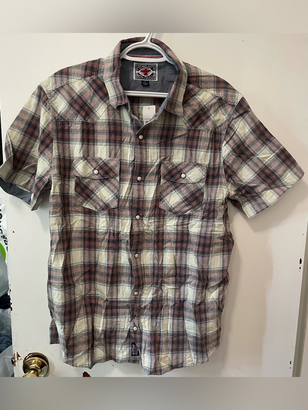 Flag & Anthem Men’s Red Cream Short Sleeves Plaid Button Up Shirt Size Large L